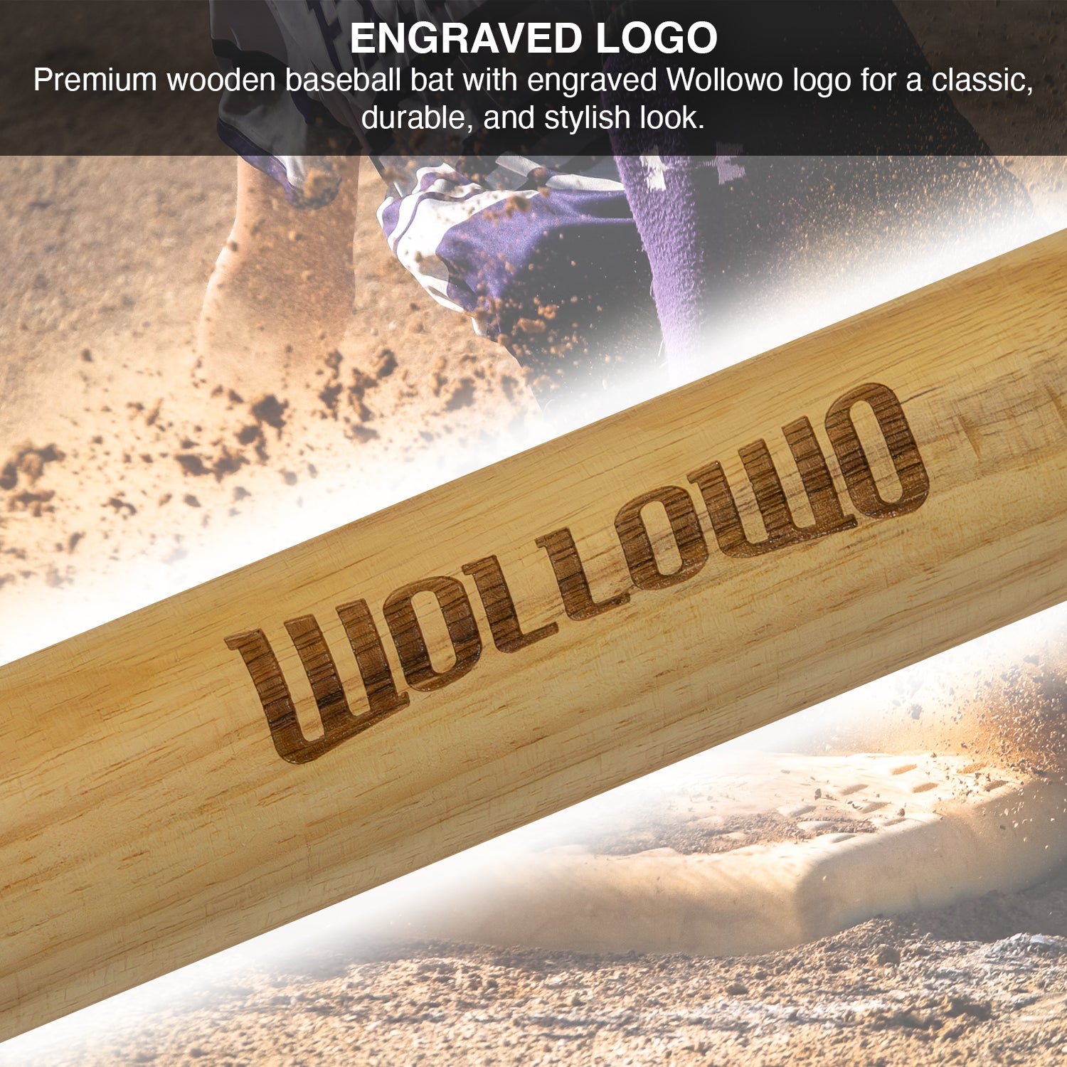 Wooden baseball bat with engraved Wollowo logo on a blurred background