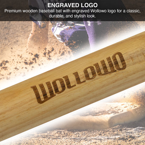Wooden baseball bat with engraved Wollowo logo on a blurred background