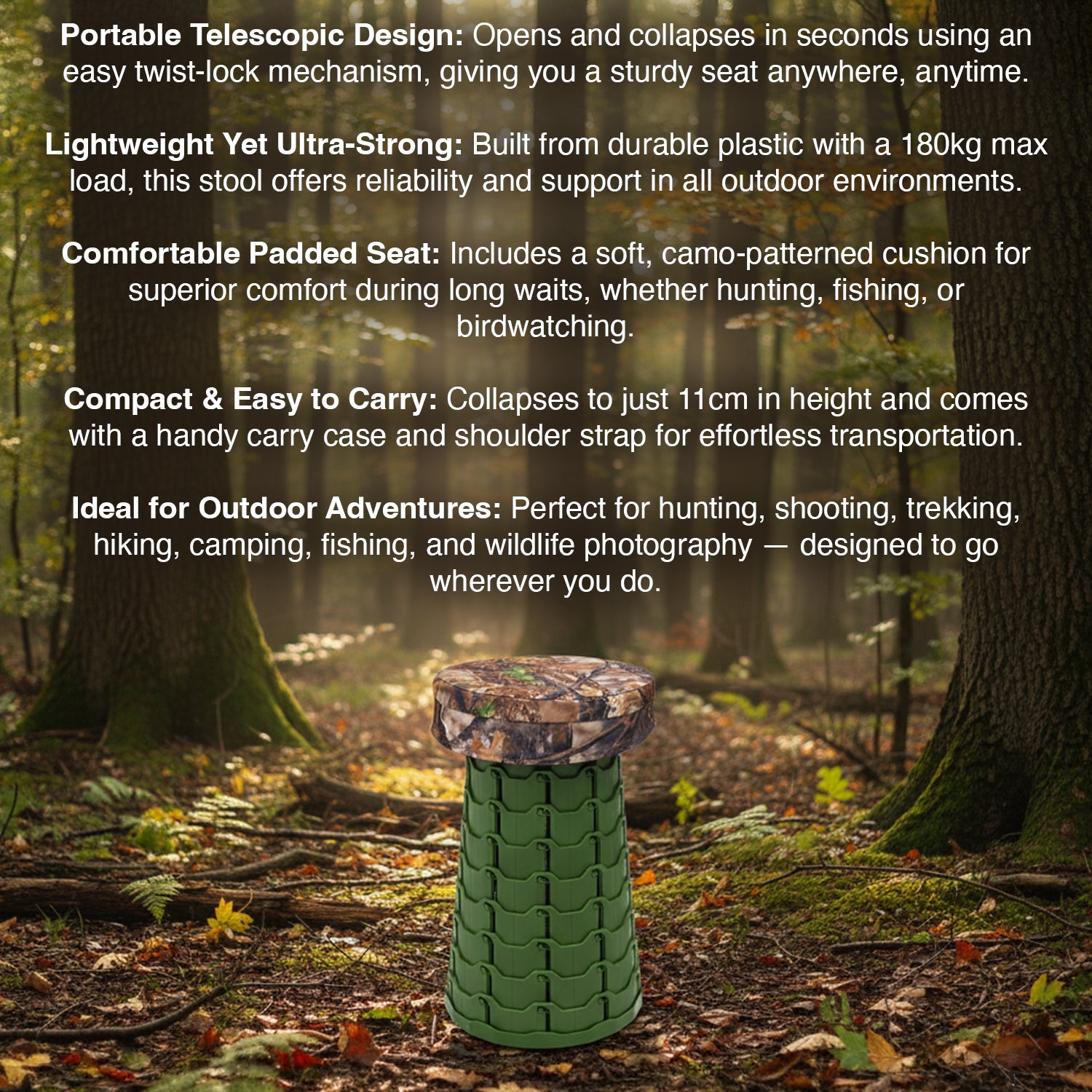 Green portable stool with camouflage pattern in a forest setting, surrounded by trees and foliage.