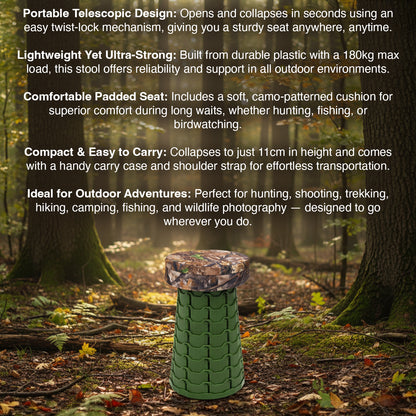 Green portable stool with camouflage pattern in a forest setting, surrounded by trees and foliage.