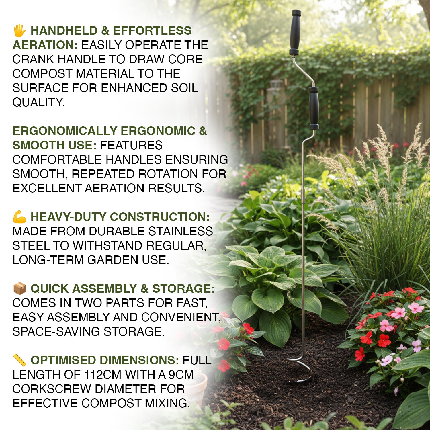 Woodside Heavy Duty Stainless Steel Crank Handle Compost Aerator Mixing Tool