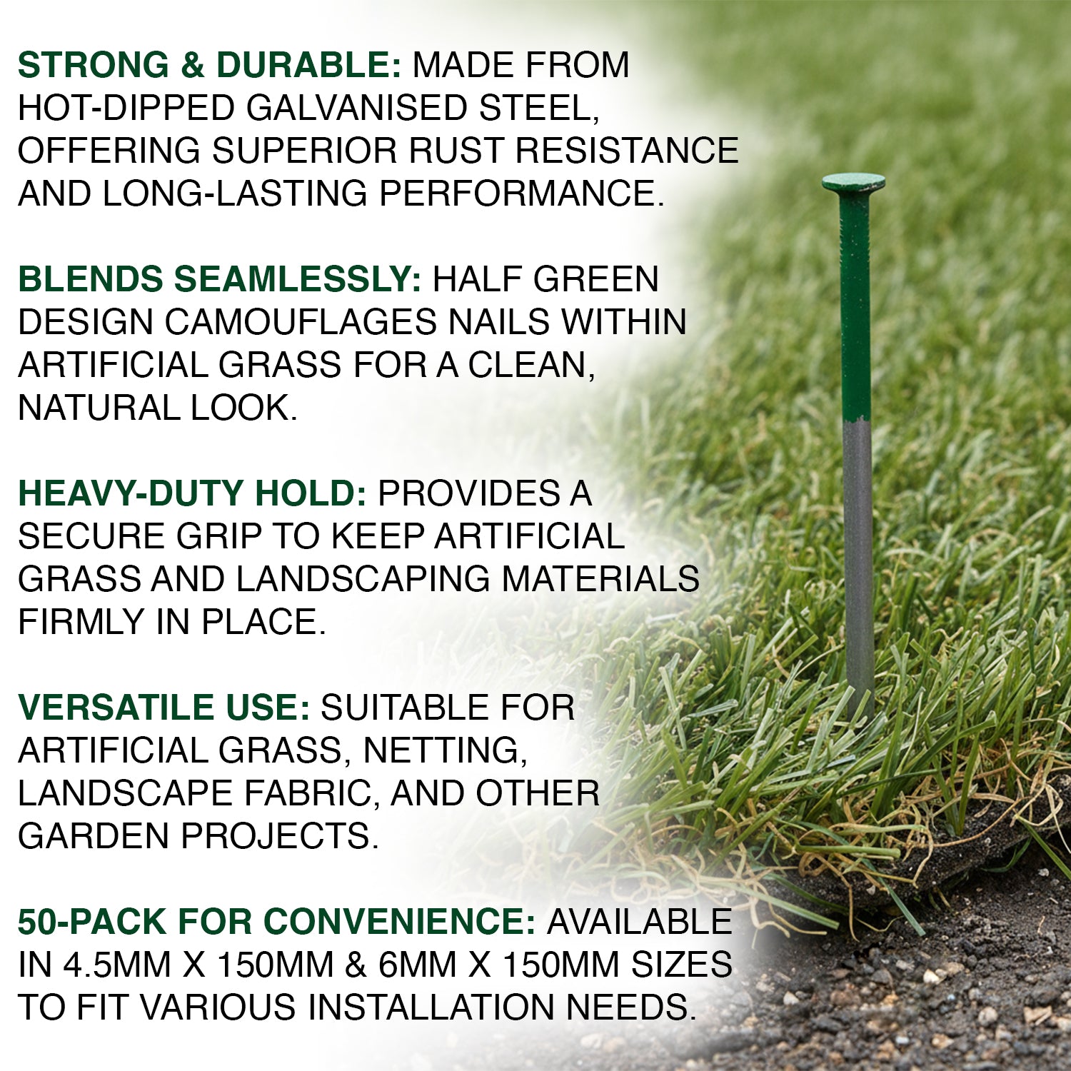 Woodside Half Green Heavy Duty Artificial Grass/Fake Lawn Nails – 50 Pack