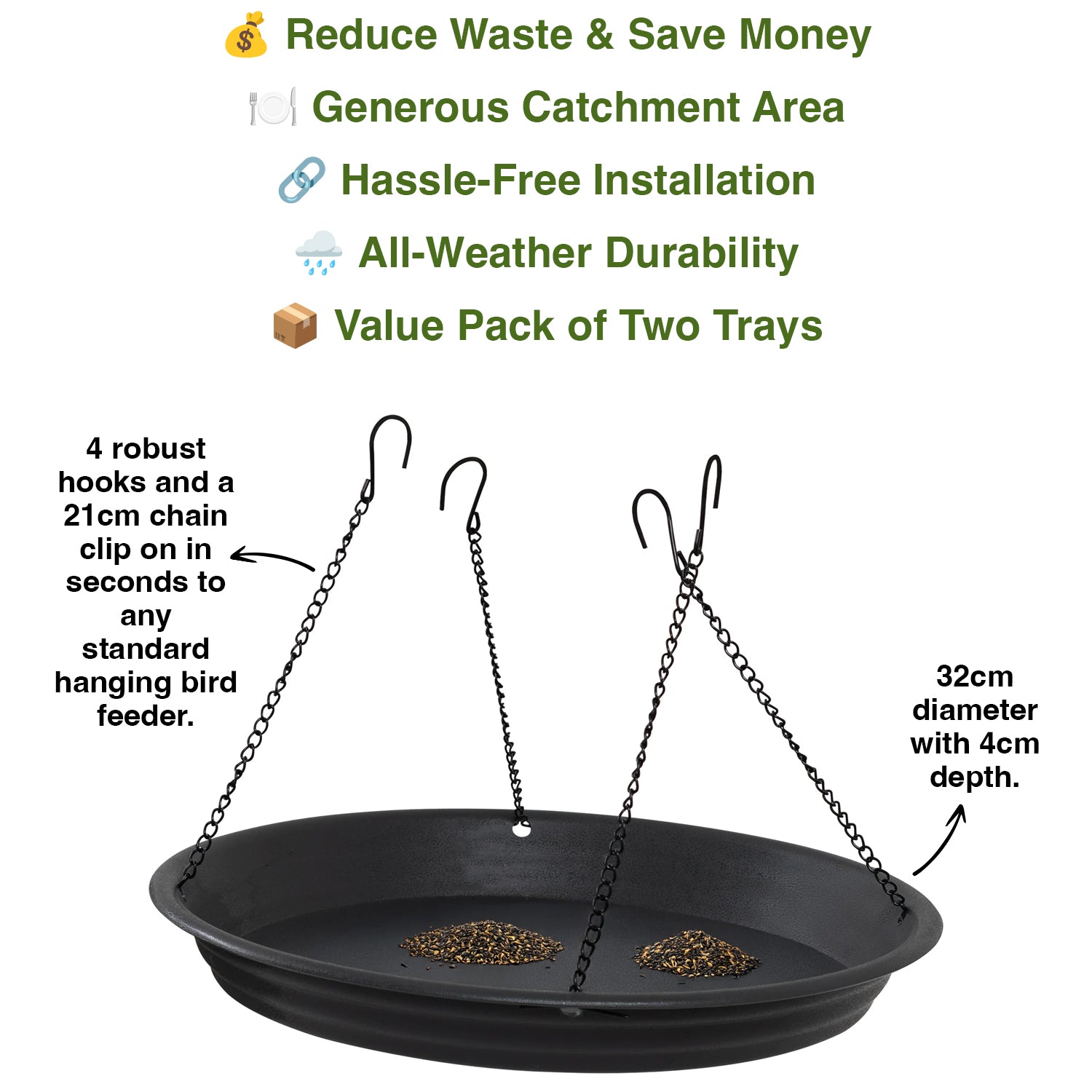 Woodside Bird Feeder Seed Catcher Large Hanging Tray Attachment 32cm, 4 Hooks – 2 Pack
