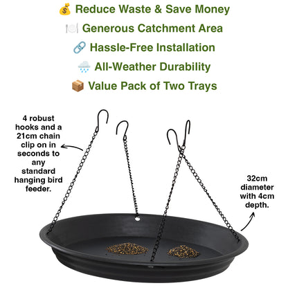 Woodside Bird Feeder Seed Catcher Large Hanging Tray Attachment 32cm, 4 Hooks – 2 Pack