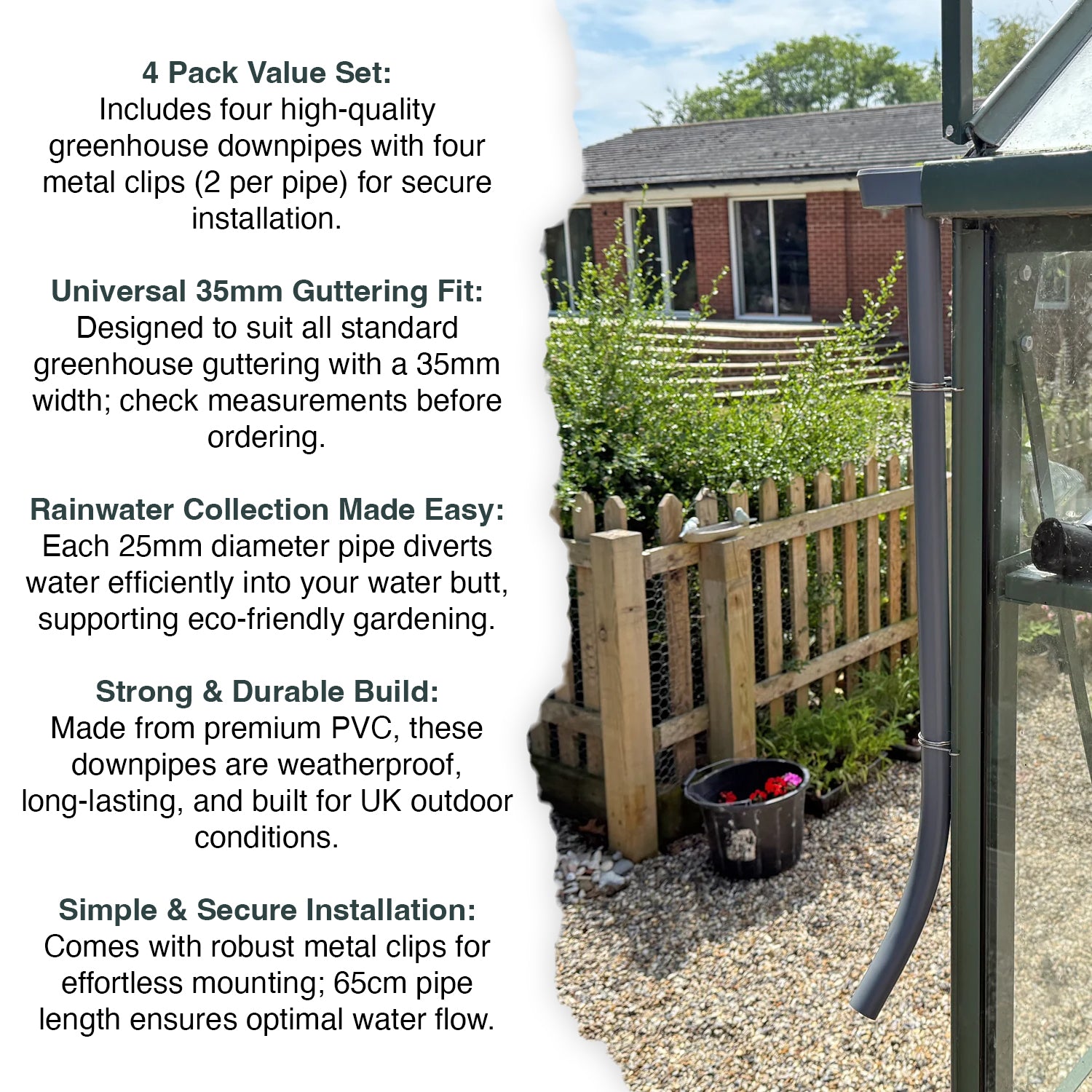 Woodside 4-pack greenhouse downpipe rainwater kit with 35mm guttering and water butt diverter.
