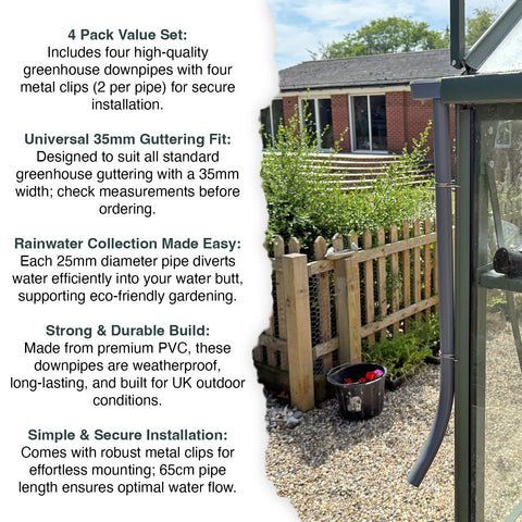 Woodside 4-pack greenhouse downpipe rainwater kit with 35mm guttering and water butt diverter.