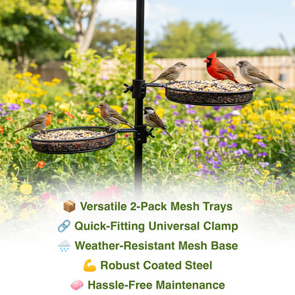 Woodside Mesh Bird Feeder Tray w/ Universal 22mm Pole Clamp Garden Seed/Nut Dish 2 Pack