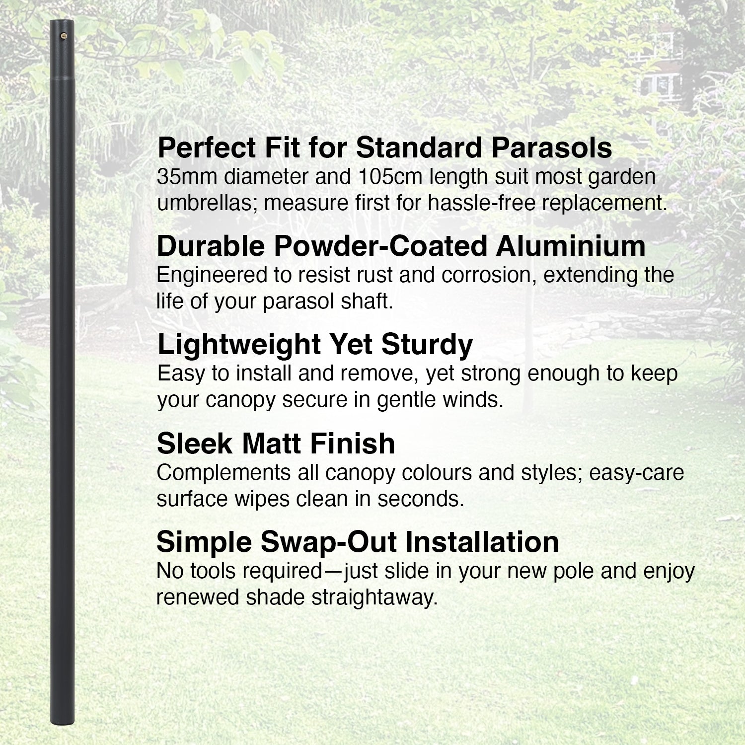 Woodside 35mm Replacement Parasol Pole 105cm Powder Coated Aluminium Garden Umbrella