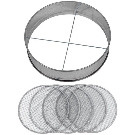 Woodside 30cm garden soil sieve with 5 interchangeable mesh filters (4–12mm) for compost and potting soil sifting.