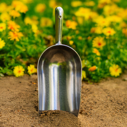 Woodside heavy-duty aluminium potting shovel, pet and bird feed scoop, and seed dispenser.