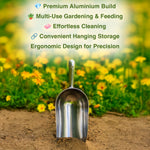 Woodside heavy-duty aluminium potting shovel, pet and bird feed scoop, and seed dispenser.