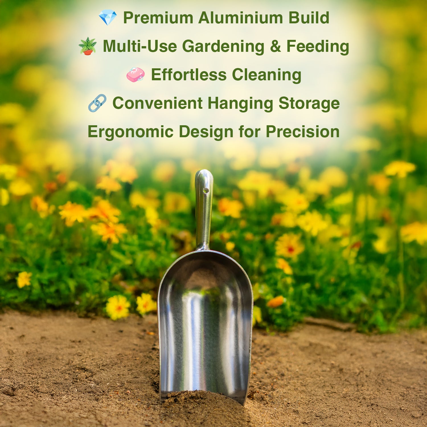 Woodside heavy-duty aluminium potting shovel, pet and bird feed scoop, and seed dispenser.