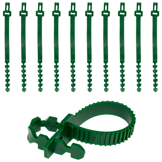 Pack of 10 Woodside reusable PVC tree support straps with interlocking design, includes 25×1.5 cm and 35×1.7 cm sizes.