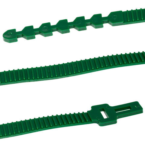 Pack of 10 Woodside reusable PVC tree support straps with interlocking design, includes 25×1.5 cm and 35×1.7 cm sizes.