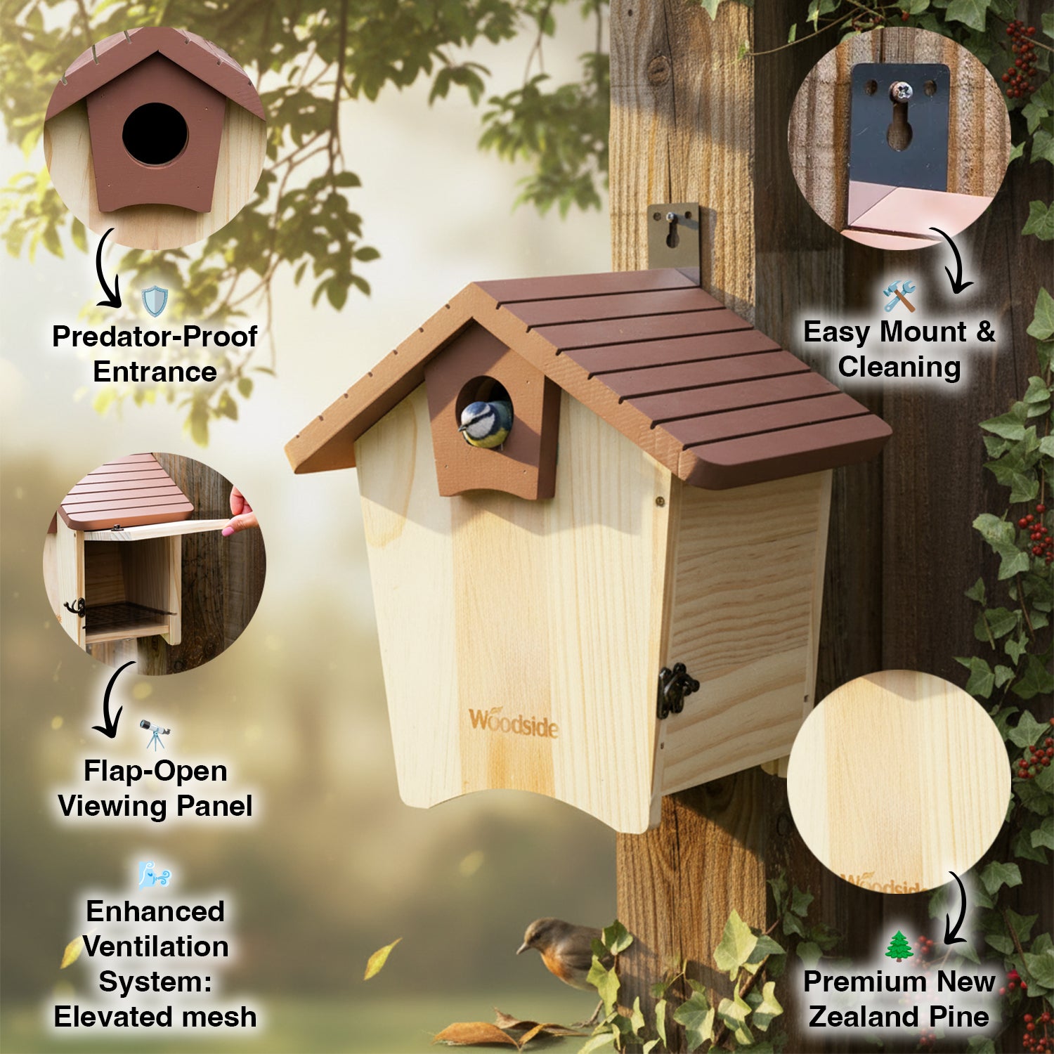 Wooden birdhouse with features highlighted on a natural background