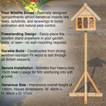 Woodside large freestanding wooden insect hotel for gardens, bug house shelter and nesting box for pollinators.