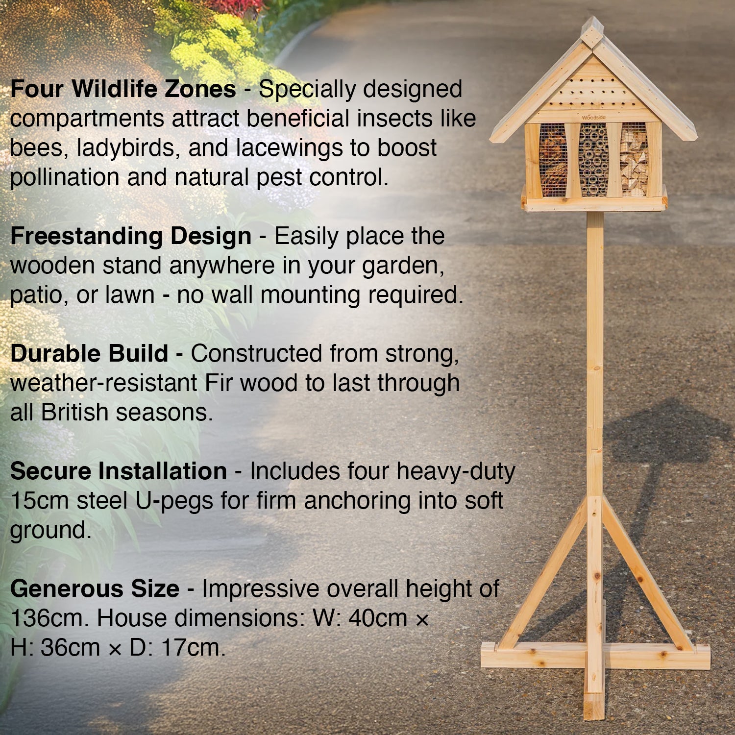 Woodside large freestanding wooden insect hotel for gardens, bug house shelter and nesting box for pollinators.