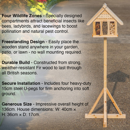 Woodside large freestanding wooden insect hotel for gardens, bug house shelter and nesting box for pollinators.