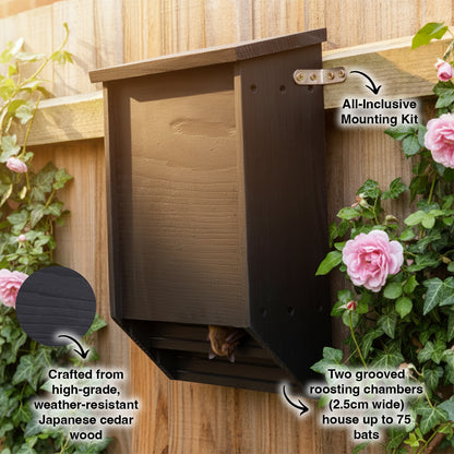 Woodside Wooden Bat House Box for Roosting & Nesting 2 Chamber Garden Habitat Black