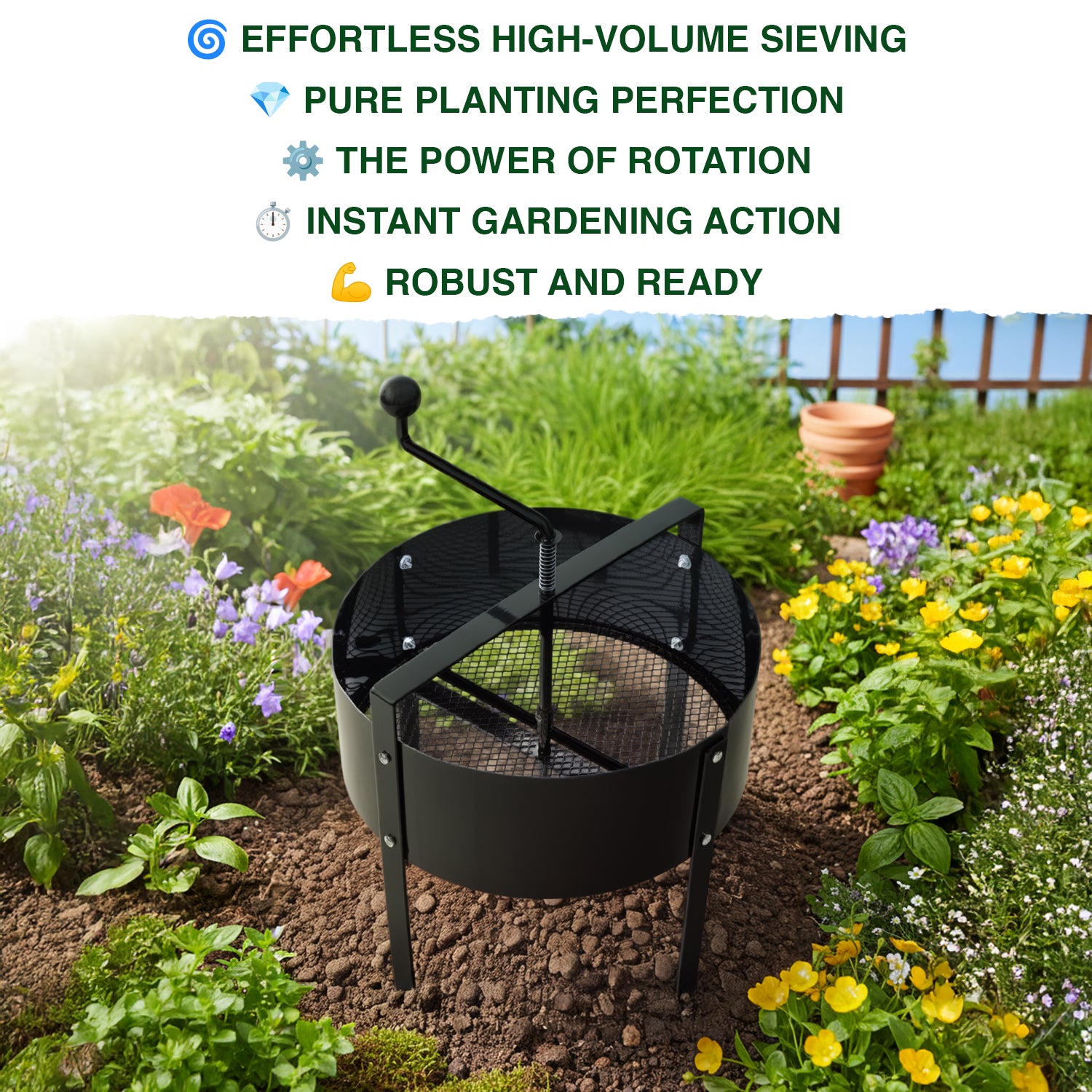 Woodside Rotary Garden Soil Sieve 18L Heavy Duty Steel Rotating Compost Sifter Riddle