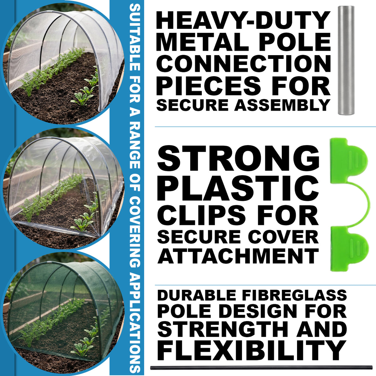 Woodside Greenhouse Tunnel Hoops Kit – 30 Fibreglass Poles with Joints & Clips – Create 70cm, 90cm or 110cm Wide Hoops – DIY Plant Protection Frame