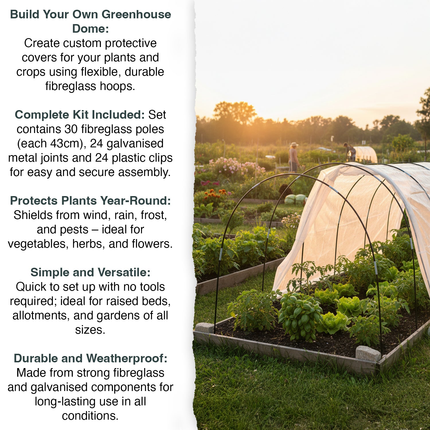 Woodside Greenhouse Tunnel Hoops Kit – 30 Poles, Joints & Clips for Plant Protection