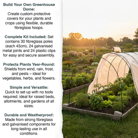 Woodside Greenhouse Tunnel Hoops Kit – 30 Poles, Joints & Clips for Plant Protection