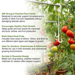 Tomatoes growing on a trellis with plant support hooks, text describing product features.