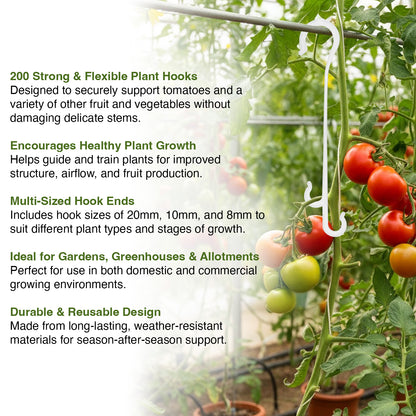 Tomatoes growing on a trellis with plant support hooks, text describing product features.