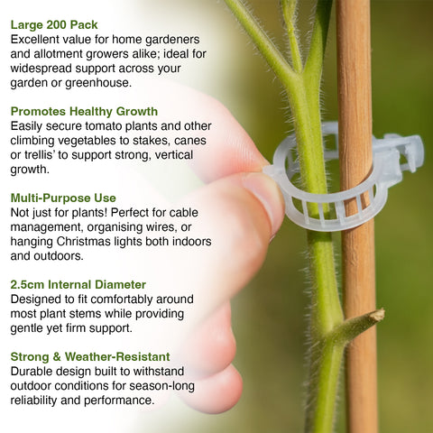 Plant support clip on a plant stem with descriptive text about its use and features.