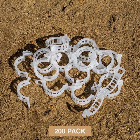 Pack of 200 Woodside tomato plant clips for garden trellis and cable support, ideal for securing plant stems.