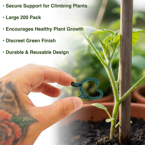 Hand holding a green plant support clip with gardening text overlay