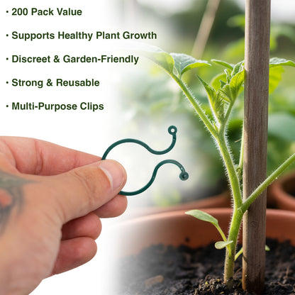 Hand holding a green plant support clip with text about its benefits on a blurred garden background