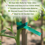 Green tape tied around a plant stem with garden-related text overlay.
