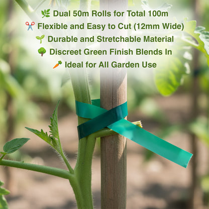 Green tape tied around a plant stem with garden-related text overlay.