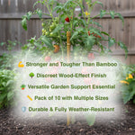 Garden stake with tomatoes and text highlighting features, set against a garden background.