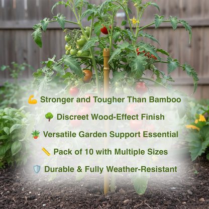 Garden stake with tomatoes and text highlighting features, set against a garden background.