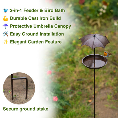 Woodside Cast Iron Bird Feeder Bath with Ground Stake & Umbrella – Seeds, Fat Balls, Nuts