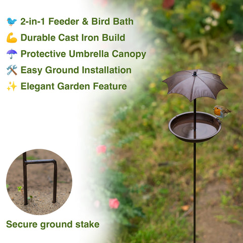 Woodside Cast Iron Bird Feeder Bath with Ground Stake & Umbrella – Seeds, Fat Balls, Nuts