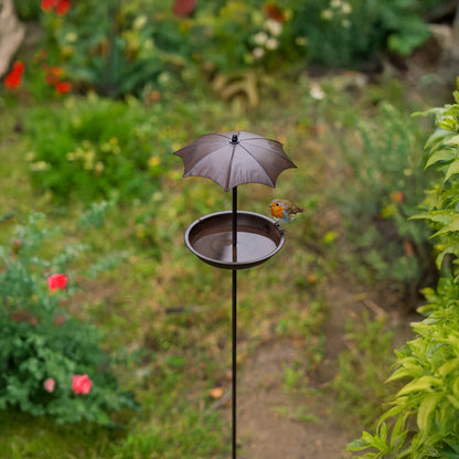 Woodside Cast Iron Bird Feeder Bath with Ground Stake & Umbrella – Seeds, Fat Balls, Nuts
