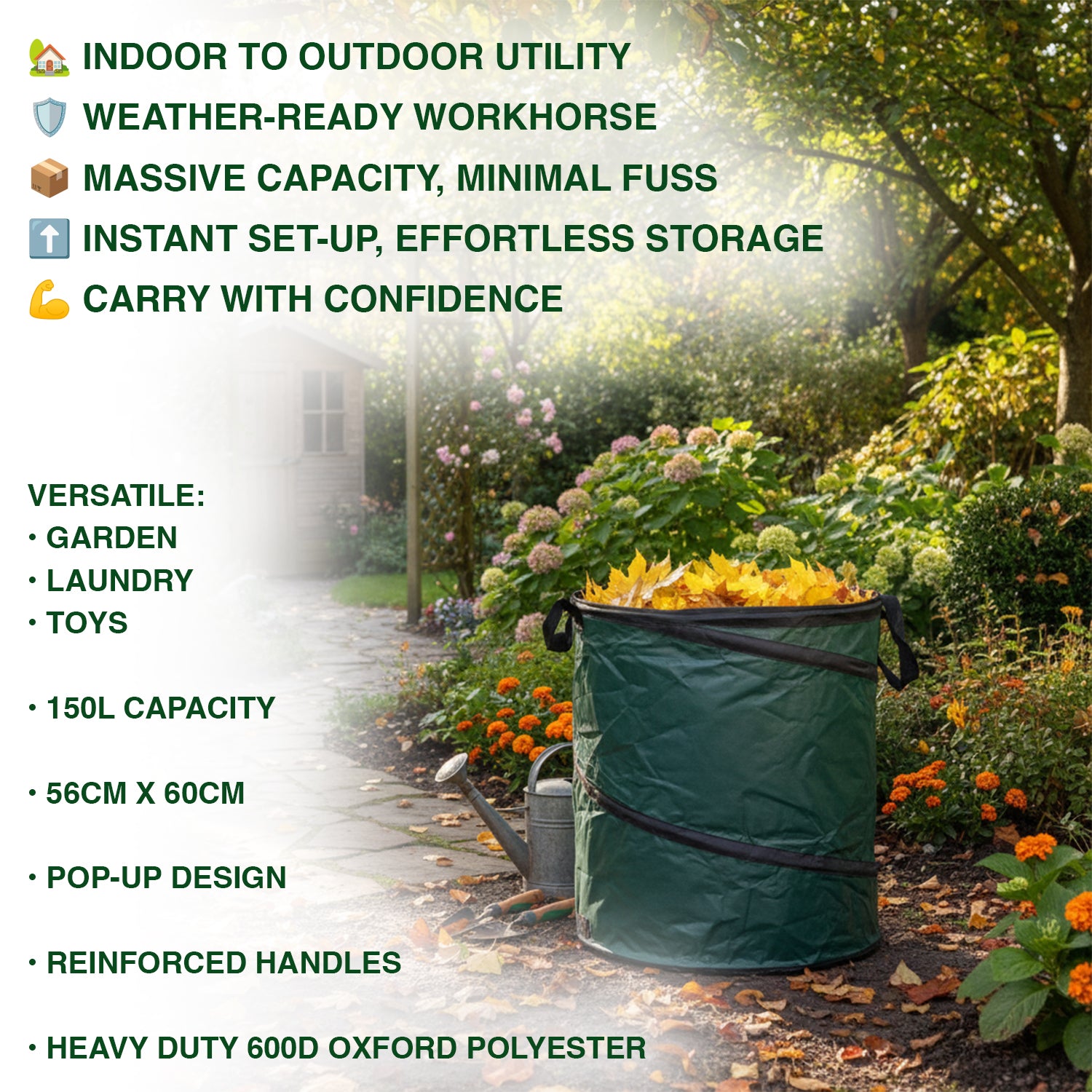 Woodside Pop-Up Garden Waste Bags 150L Heavy Duty Reusable Bin Leaf Collector w/ Handles