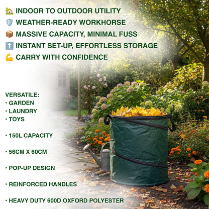 Woodside Pop-Up Garden Waste Bags 150L Heavy Duty Reusable Bin Leaf Collector w/ Handles