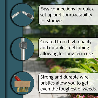 Woodside Telescopic Weed Removal Brush with 3 Wire Heads Patio & Block Paving Scraper Tool