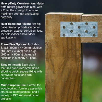 Woodside Galvanised Steel Joining Plates Metal Wood & Timber Construction Brackets 12 Pack