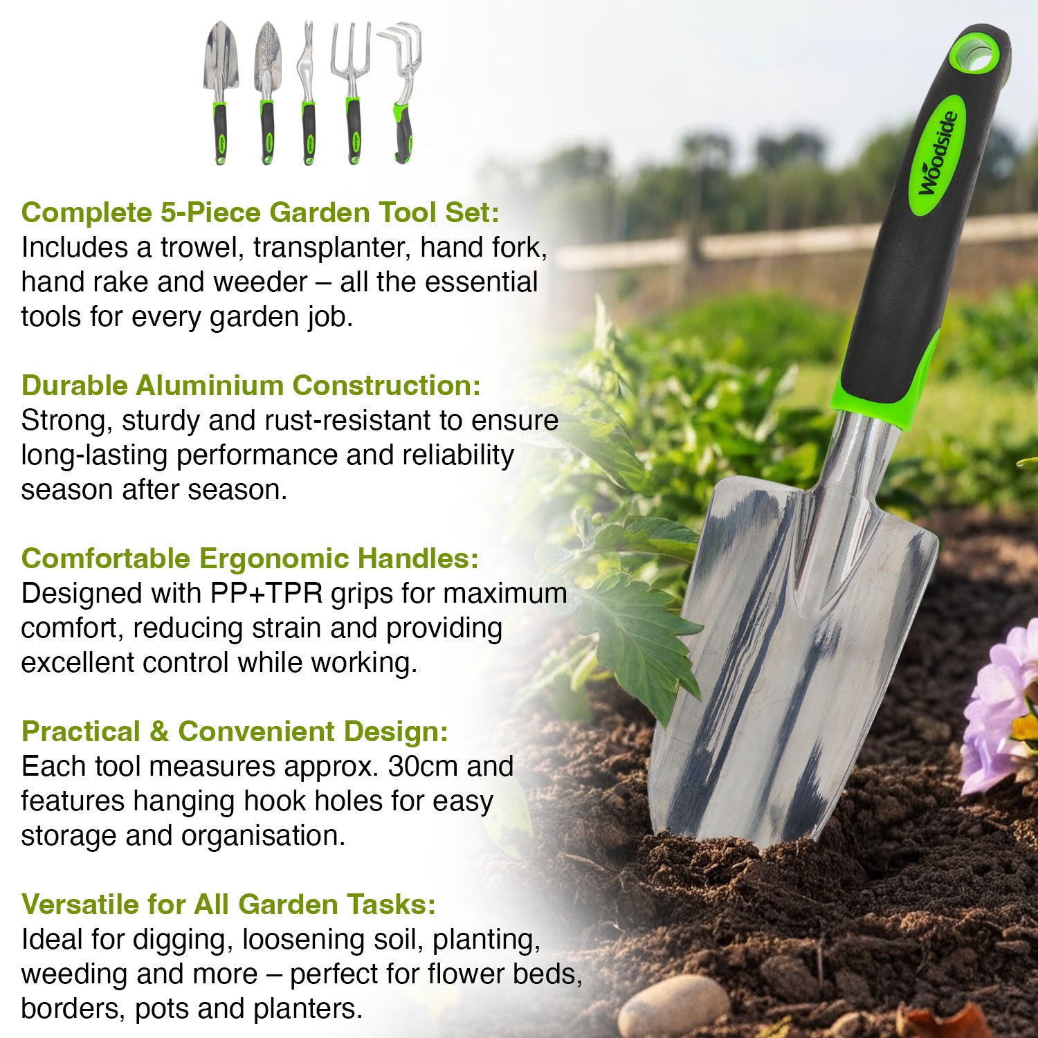 Woodside Garden Hand Tool Set 5pc Heavy Duty Aluminium Trowel, Fork, Rake & Weeder Kit