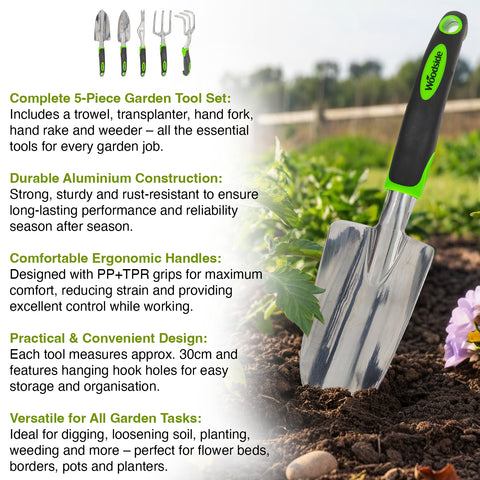 Woodside Garden Hand Tool Set 5pc Heavy Duty Aluminium Trowel, Fork, Rake & Weeder Kit