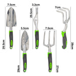 Gardening tools with measurements on a white background