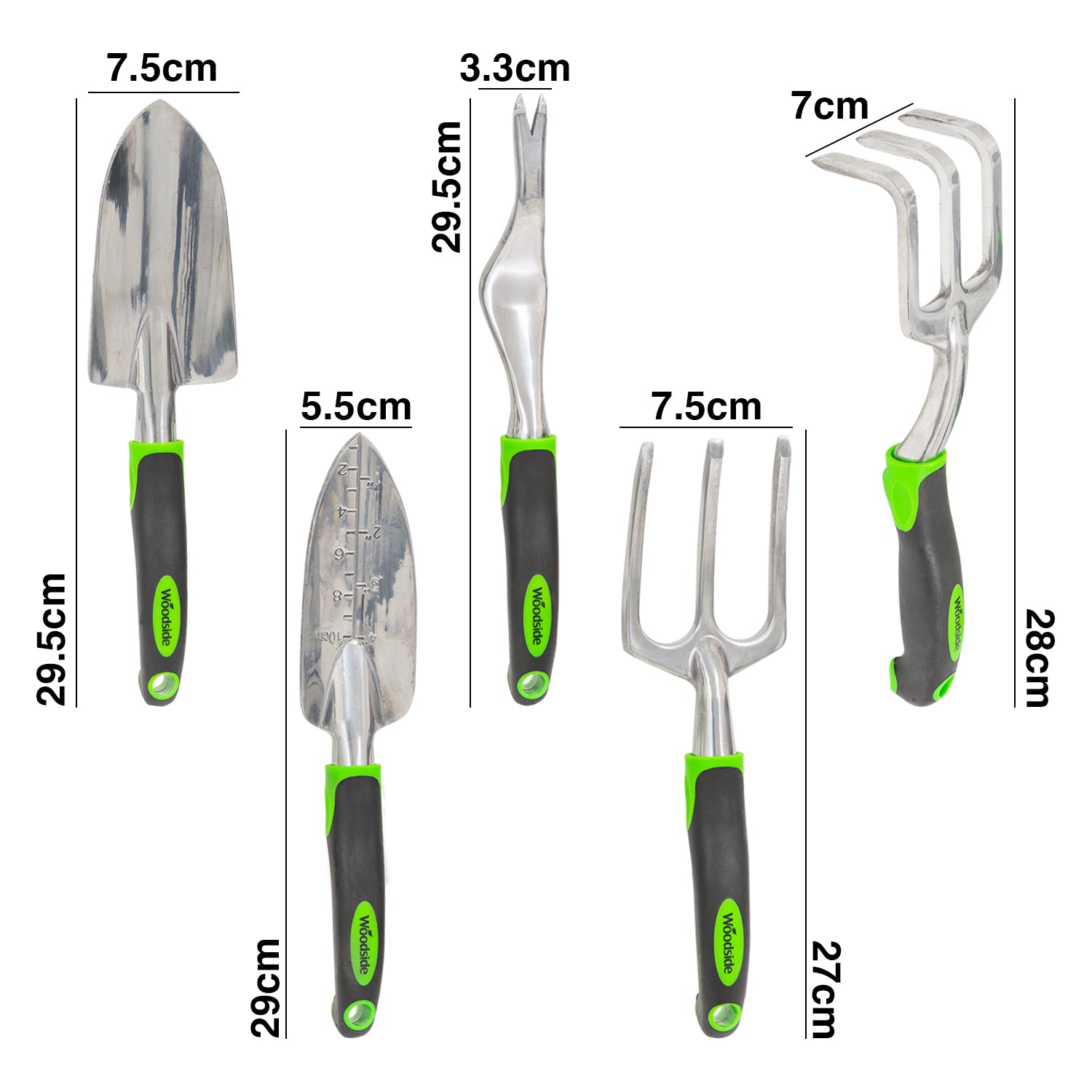 Gardening tools with measurements on a white background