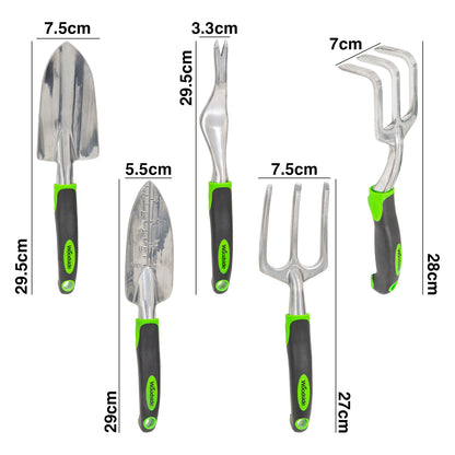 Gardening tools with measurements on a white background