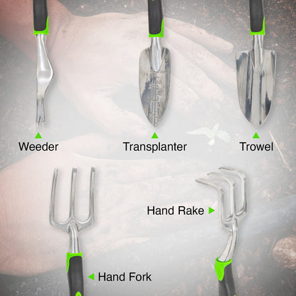 Set of gardening tools labeled with their names on a neutral background